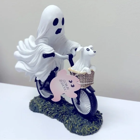 New Ghost Riding Bicycle with Ghost Dog in the Basket Figurine, Halloween