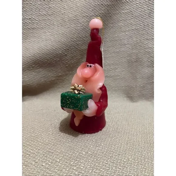 Vintage Northern Lights Candle Santa Gnome Holding Glitter Green Present Gift 7”
