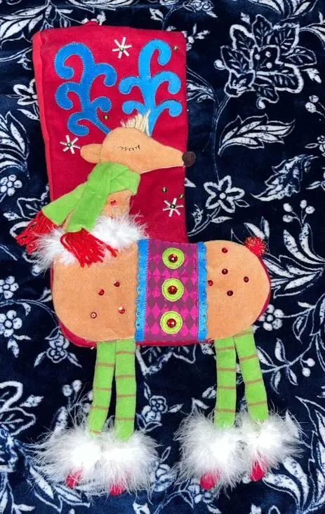 Pier 1 Imports Festive Reindeer Christmas stocking with dangling legs