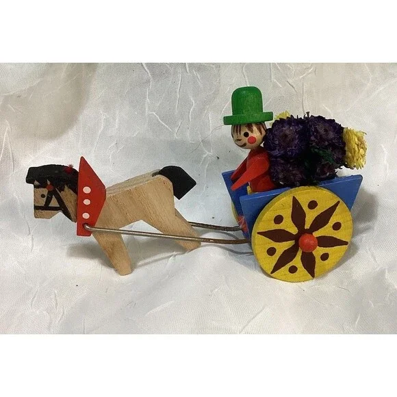 Steinbach Germany Christmas Miniature Wooden Toy Horse Driver & Flower Cart