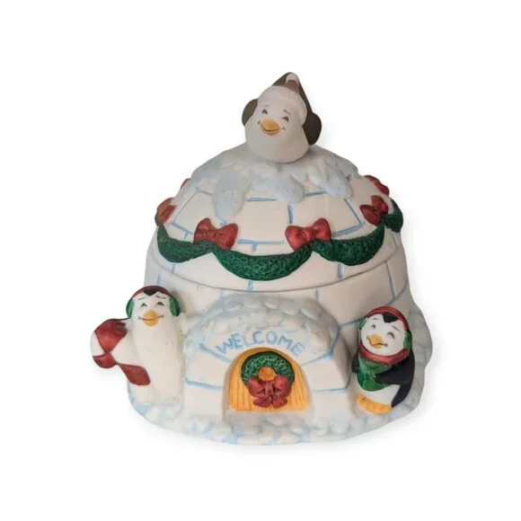 1995 Figi's Penguin Igloo Christmas Covered Ceramic Dish Trinkets Candy