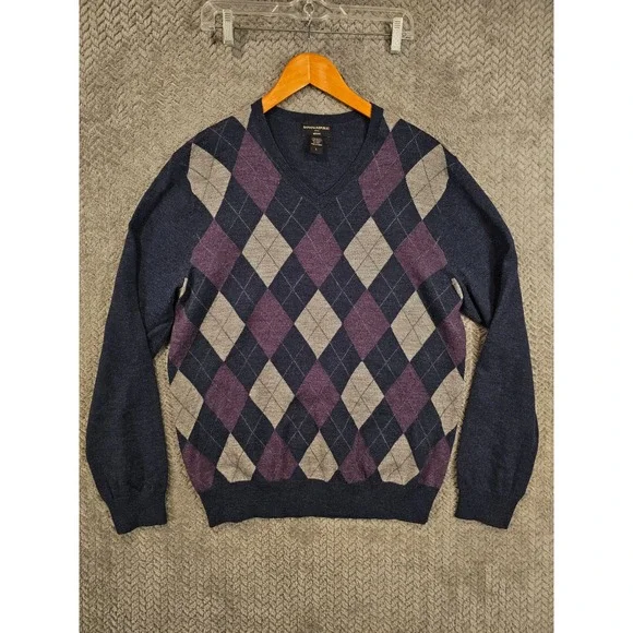 Banana Republic Mens L Merino Wool Argyle V-Neck‎ Sweater Navy Blue Purple Grey