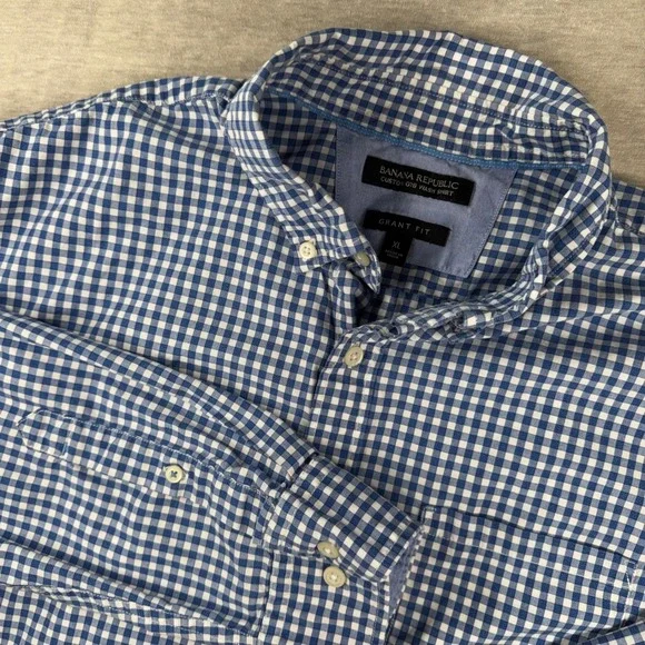 Banana Republic‎ Casual Button Down Shirt Mens XL Blue Gingham Grant Fit Custom