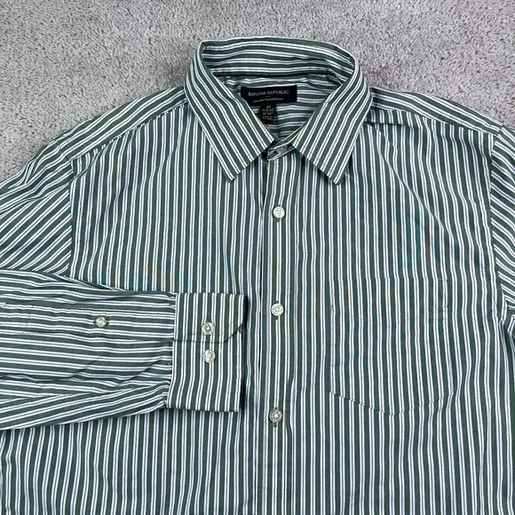Banana Republic Shirt Mens Medium Green Stripes Non Iron‎ Tailored Slim Fit