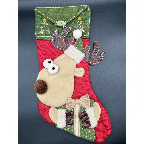 Reindeer Christmas Stocking Holiday Decoration Festive Red Green 18