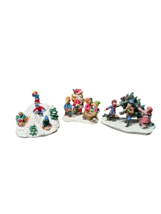 3 Christmas Village Display Figurines Santa Kids Snow & Pets