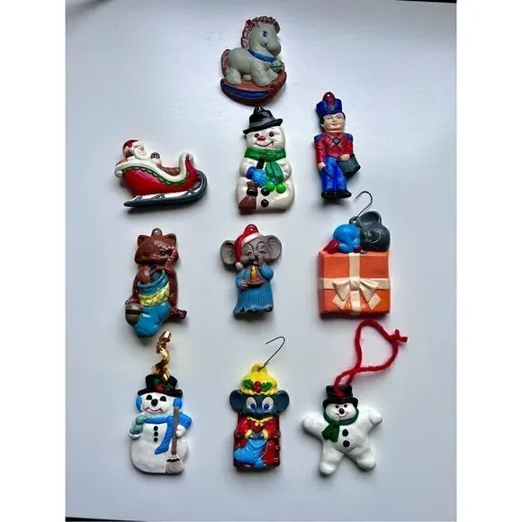 Set of 10 Vintage Ceramic Christmas Ornaments Snowmen, Santa, Mouse, Soldier