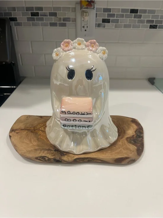HALLOWEEN IRIDESCENT GHOST WITH FLOWER HEADBAND HOLDING BOOKS, 8.5” tall, BN