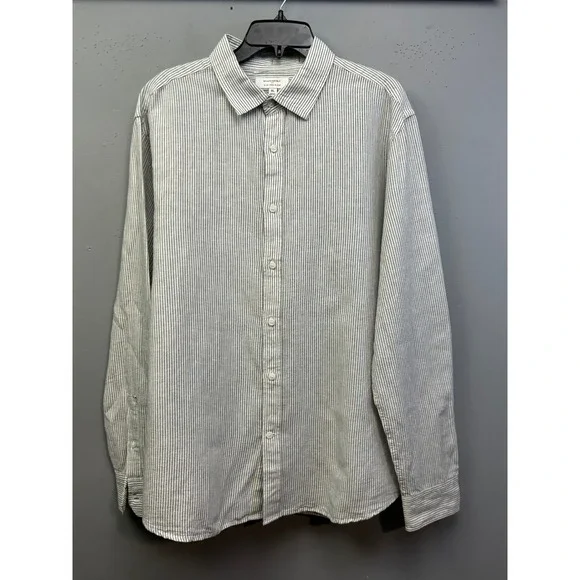 Banana Republic Shirt Mens XL White Navy Striped Slim Linen Blend Long Sleeve