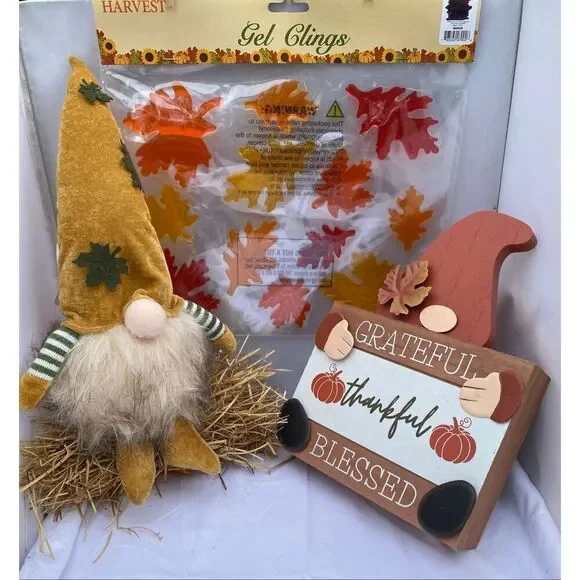 🍂 Fall Harvest Gnome Décor Bundle – Light-Up Plush, Wooden Sign & Gel Window Cl