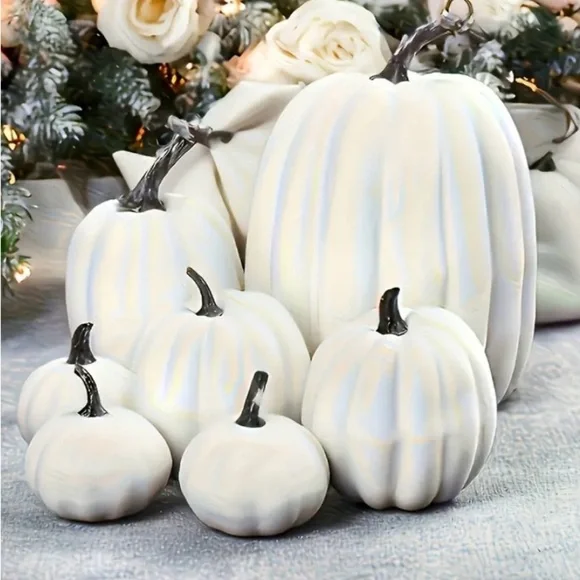 Elegant White 7 pc Pumpkin Set- Great Decorations-From Halloween thru Christmas
