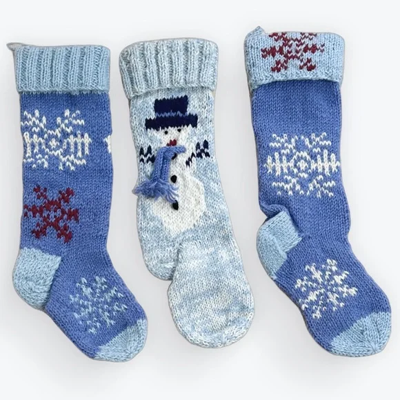 Set of 3 Woolen Decorated Holiday Snowman & Snowflakes Stockings Made in Nepal
