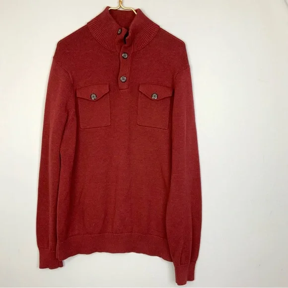 Banana‎ Republic Sz Large Burgundy Red Mock Neck Henley Sweater Pockets Cotton