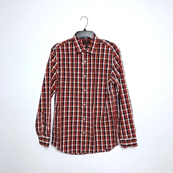 Banana‎ Republic Mens Button Front Shirt Red Blue White Plaid Non Iron Tailored