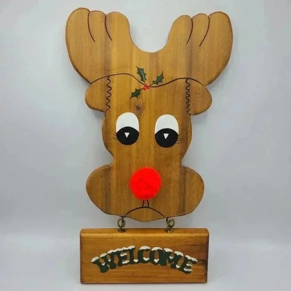 Vintage Handcrafted Wood Christmas Reindeer Rudolph Welcome Sign Rustic Cabincor