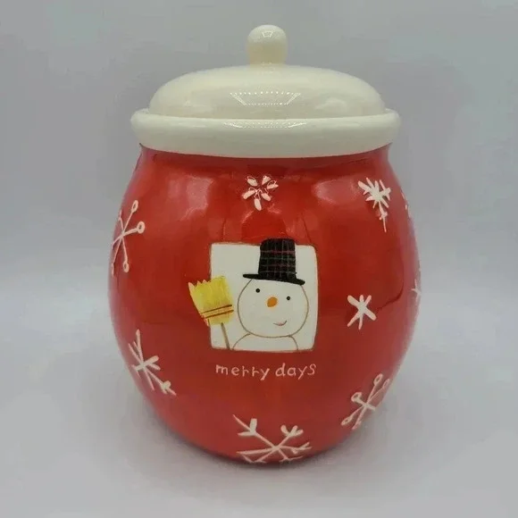 Hallmark Merry Days Snowman Snowflake Ceramic Cookie Jar Canister Red White