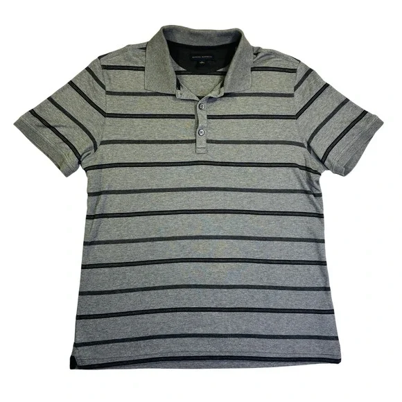 Banana Republic Mens Large Polo Shirt Grey Black Striped Short Sleeve Cotton L