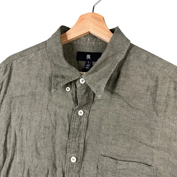 Banana Republic Mens Large Tall Olive Green 100% Linen Short Sleeve Button Shirt