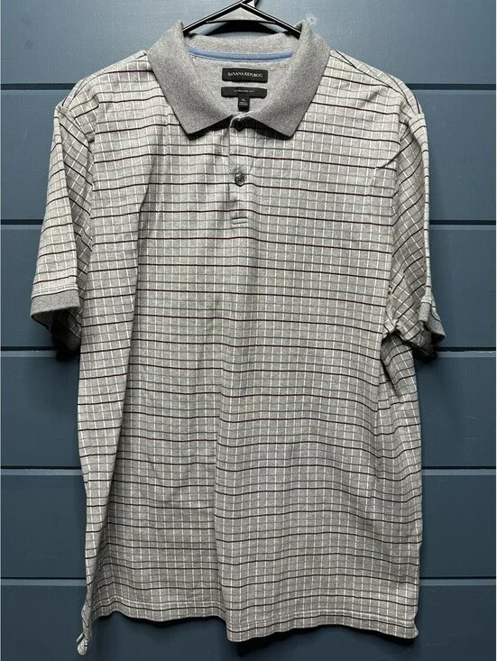 Banana Republic Men Standard Fit Plaid Short Sleeve Polo Shirt Gray Size XL