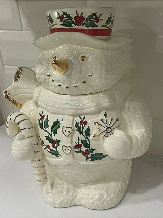 Formalities by Baum Bros Snowman Christmas Holly Ceramic Cookie Jar 11 in