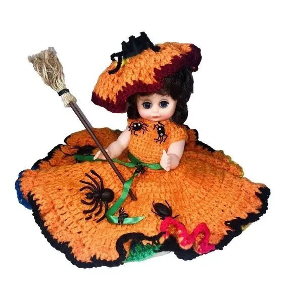 Halloween Doll with Handmade Layered Crocheted Dress w/spiders & broom