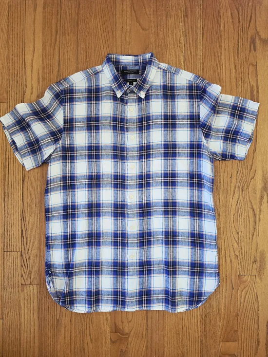 Banana Republic Blue and White Plaid Short-Sleeve 100% Linen Shirt Size M