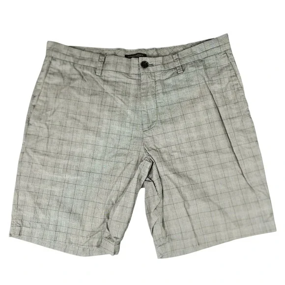 Banana Republic Aiden Short 35 Men Flat Front Plaid Black Gray Stretch Cotton 9