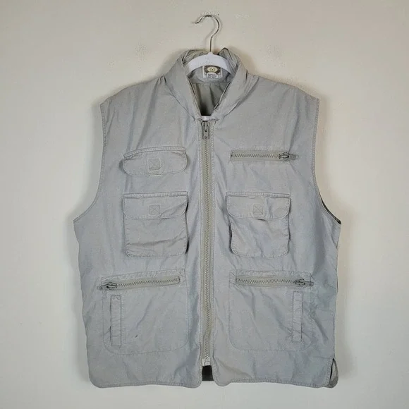 Vintage Banana Republic Vest XL Beige Khaki Utility Travel Safari Hooded Pockets