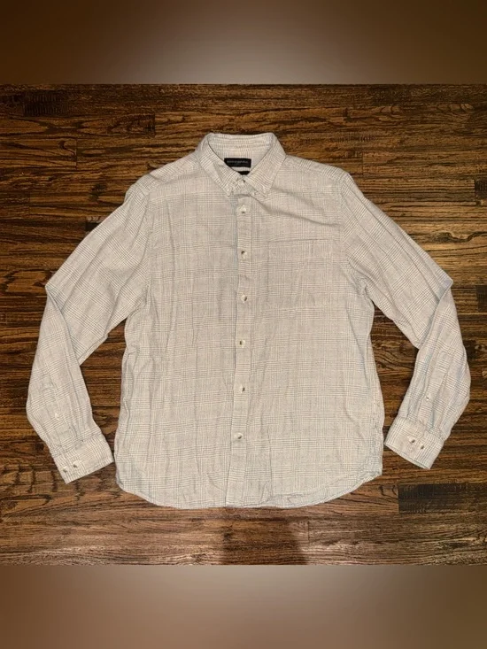 Banana Republic Untucked Fit Button-Up Casual Shirt Grey Beige Plaid Sz Large
