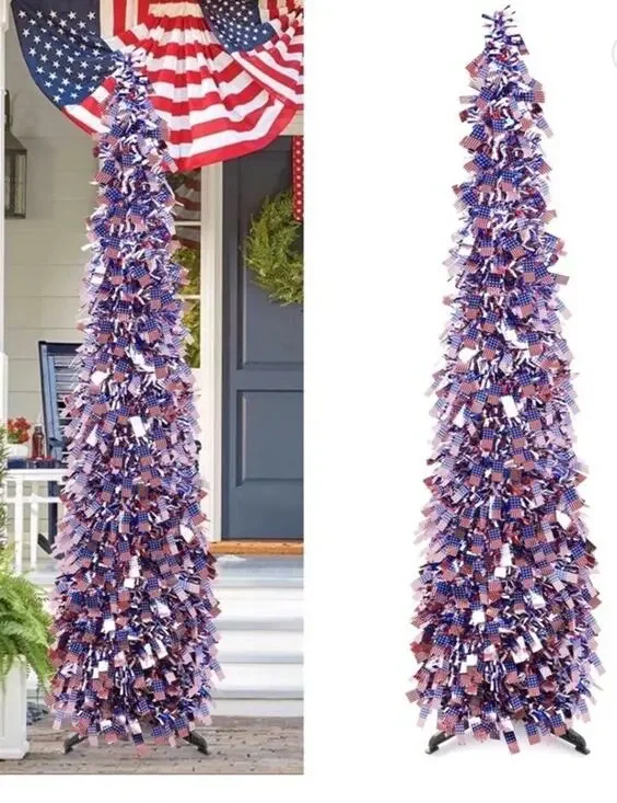 5FT 4Th of July Patriotic Pop-Up Decorations Tinsel Tree,Usa 250Th Anniversary