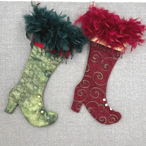 Christmas Stocking High Heel Boot Whimsy Red Green Feather Trim Beaded Victorian