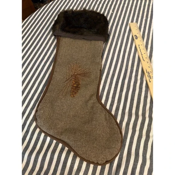 Rustic Herringbone Christmas Stocking Faux Fur Cuff Pinecone Brown Lodge Decor