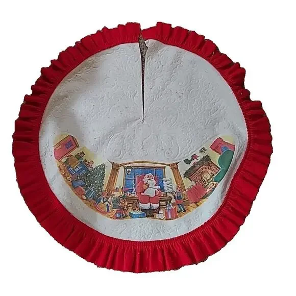 Vintage Holiday‎ Christmas Santa Claus Best in Workshop Embossed Felt Tree Skirt