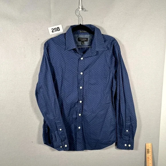 Banana Republic Untucked Fit Shirt Mens Medium Navy Blue Dotted‎ Organic Cotton