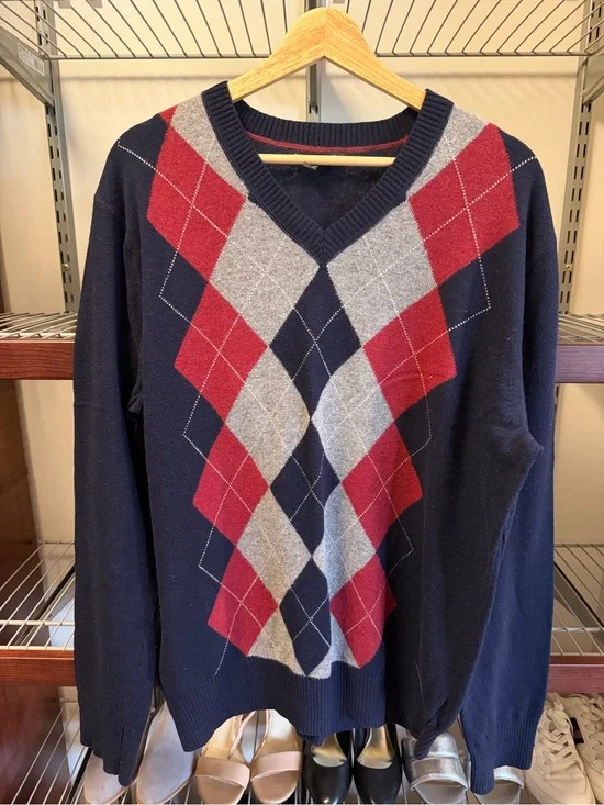 Banana Republic Navy V-Neck Argyle Sweater with Red and Gray Diamonds