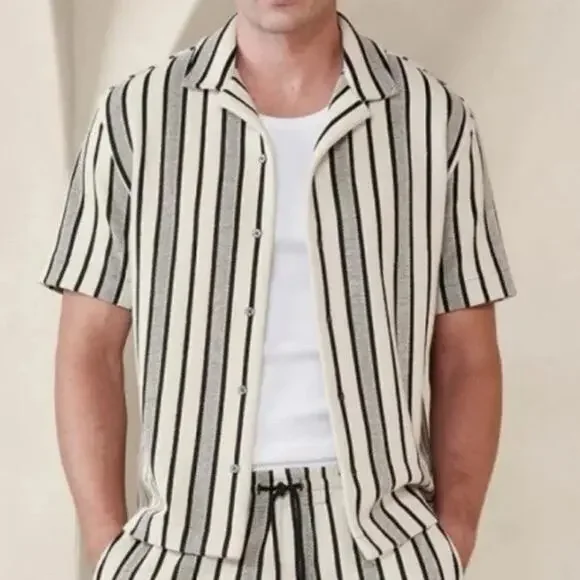 Banana Republic Baywood Jacquard Resort Shirt Mens Large Stripe Knit Camp Cabana