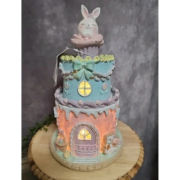 Easter Cake Cupcake Gingerbread House Bunny Pastel LIGHT UP Tabletop Decor 10.5
