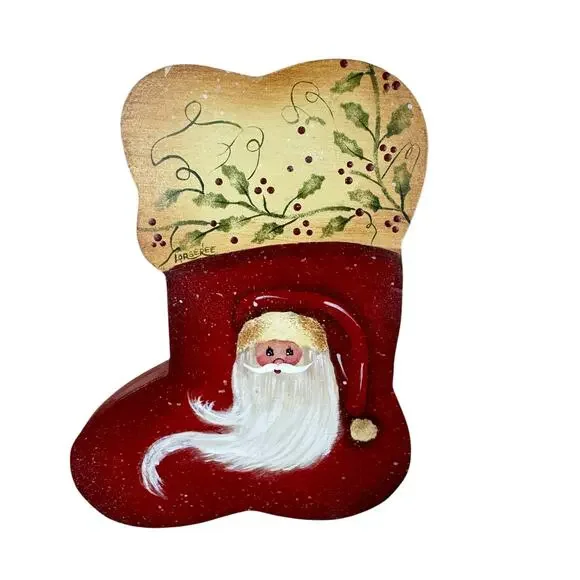 Vintage Hand Crafted‎ Wooden Santa Stocking Wall Hanging Holiday Christmas Decor
