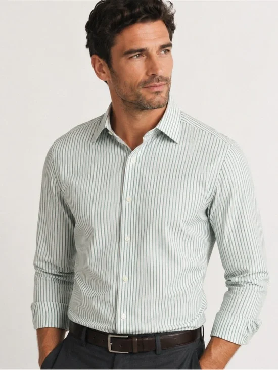 Banana Republic Slim Fit Non-Iron Green Stripe Dress Shirt Men’s 14-14.5