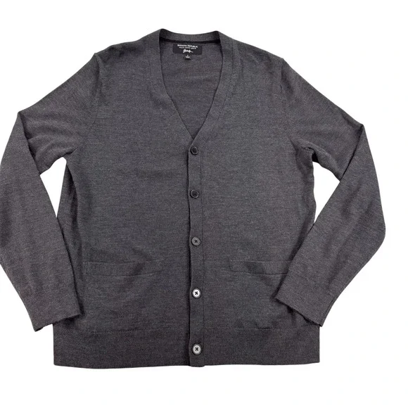 Banana Republic Cardigan Sweater Mens Large Gray Merino Wool V Neck Button Front