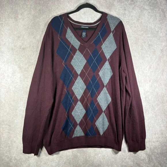 Banana Republic Sweater Mens XXL Burgundy Argyle V-Neck Merino Wool Fall Preppy