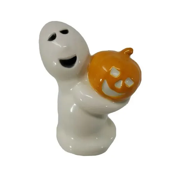 Halloween Ghost Holding Jack O'Lantern Pumpkin Ceramic  VTG Figurine Iowa USA