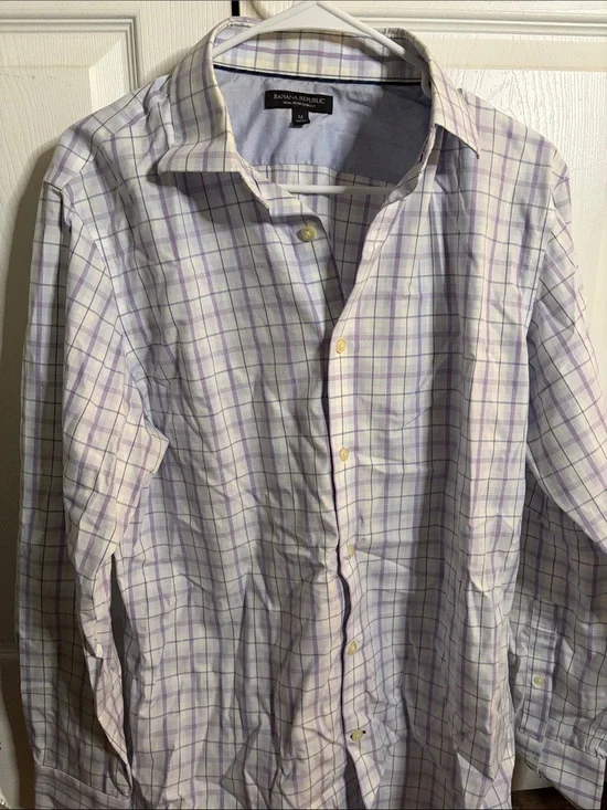 Banana Republic Men's White and Lavender Plaid Dress Shirt