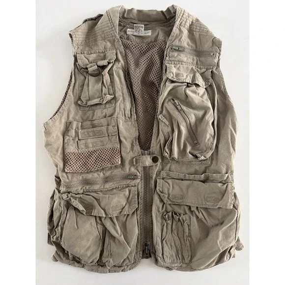 Vintage Banana Republic Safari Travel Vest Tan Multi-Pocket Utility Mens XS