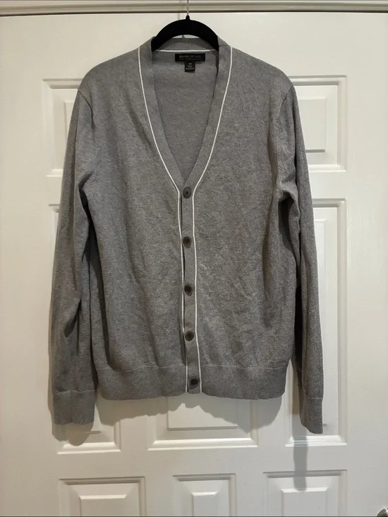Banana Republic Grey Pima cotton/cashmere Cardigan with White Piping