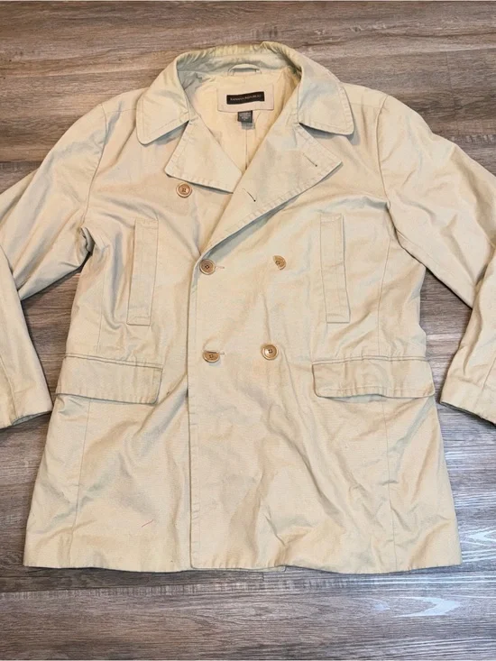 VTG Banana Republic Mens Large Double Breasted Cotton Mackinaw Coat Light Beige