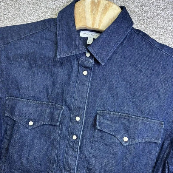 Banana Republic Shirt Mens Large Blue Solid Denim Long Sleeve Snap Western