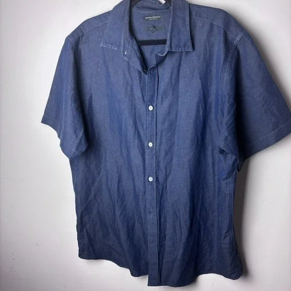 Mens‎ XL Banana Republic Button-Up Shirt Blue Linen Short Sleeve Slim Fit Modern