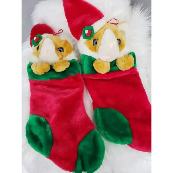 Vintage Kitty Cat Christmas Stocking Holiday Decor Plush Santa 90's Orange Tabby
