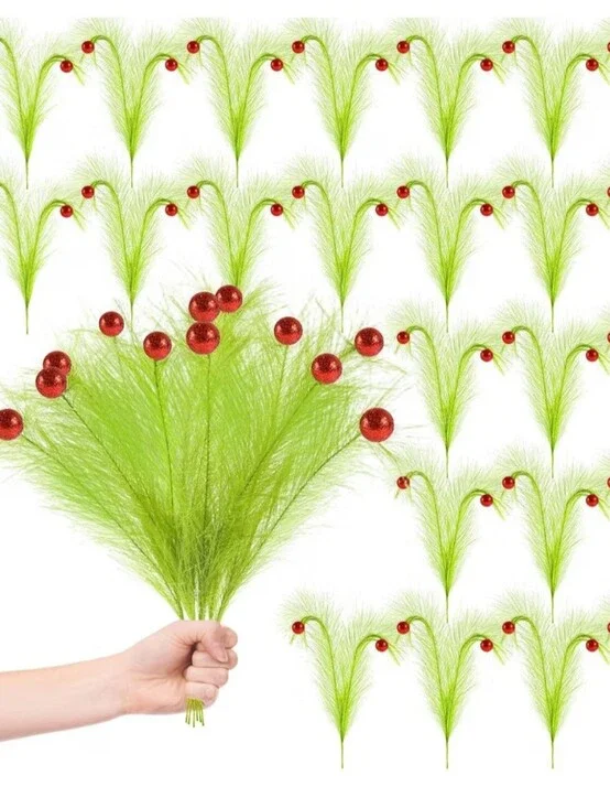 Green Decorative Pick Bundle with Glitter Red Berry Ornaments. Set of 24. NWT.